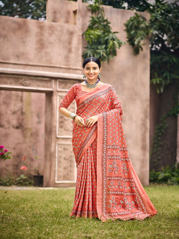 Peach Cotton Saree for Women