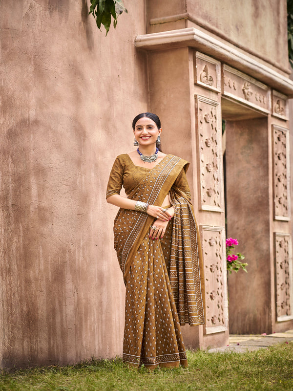 Printed Chanderi Art Silk Saree in Brown