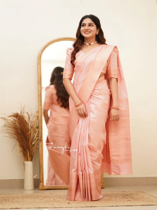 Beautiful Peach Colored Silk Designer Saree