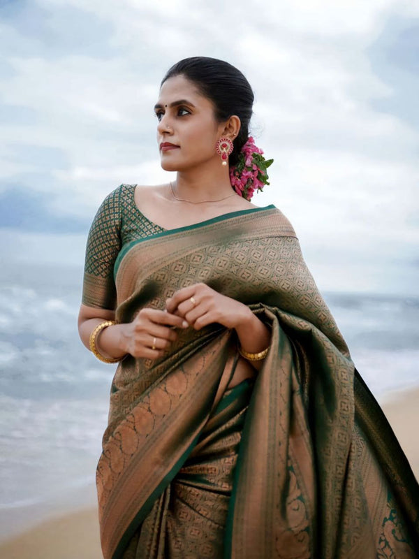 Green Banarasi Sarees for Women by Dreamstyle