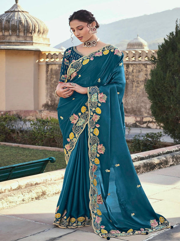 Pure Soft Jimmy Cho Silk Blue Embroidered Saree