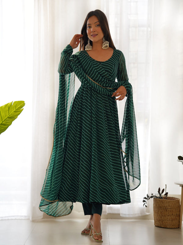 Georgette Laheriya Print Fully Flared Anarkali Kurti - Green