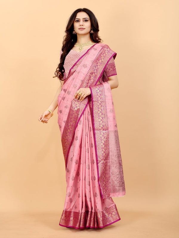 Women's Soft Cotton Linen Banarasi Jacquard Woven Zari Border Saree with Unstitched Blouse Piece – Classic Charm with Contemporary Comfort