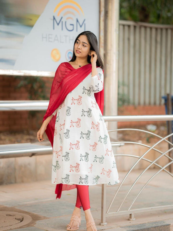 White Soft Maslin Kurti Pant and Dupatta Set with Beautiful Print