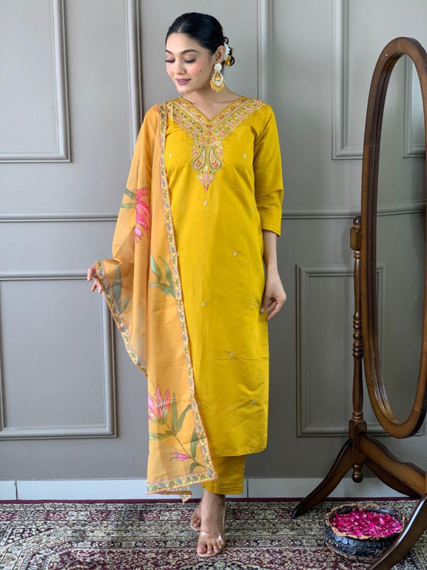 Women Yellow Embroidered Chanderi Silk Kurta Set by Dreamstyle