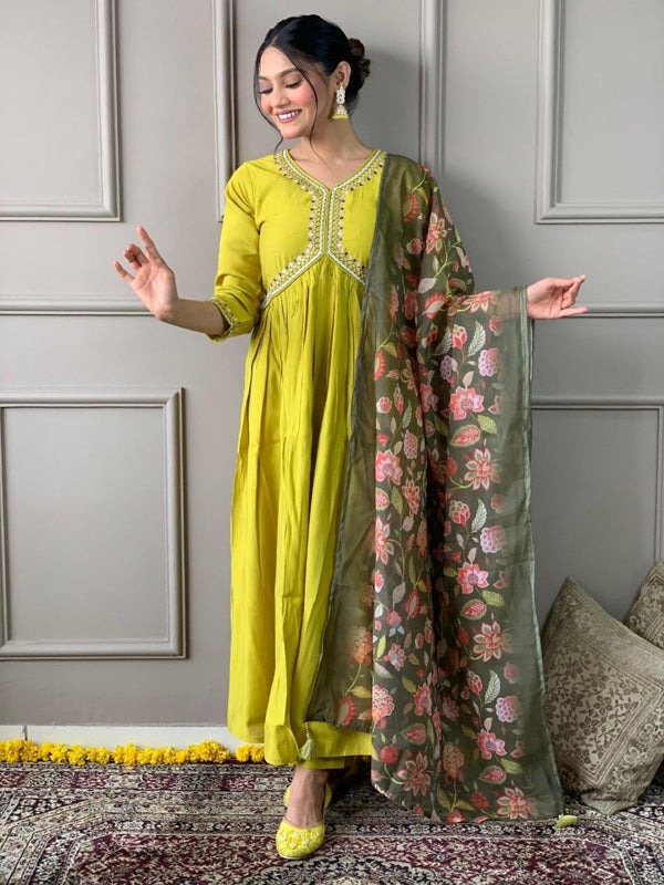 Women’s Lemon Yellow Viscose Silk Embroidered Flared Kurta Set