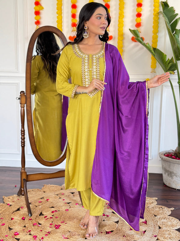 Yellow Embroidered Viscose Festival Wear Pant Suit for Women