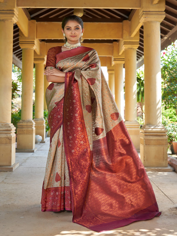 White & Red Ethnic Motifs Woven Design Zari Banarasi Saree