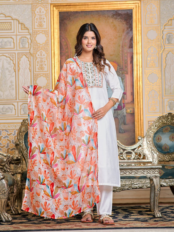 Women’s Printed & Embroidered Chanderi Ethnic Dress – White/Multicolor Elegance