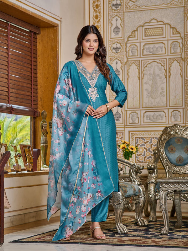 Women's Lemon Viscose Muslin Embroidered & Printed Straight Kurta with Viscose Rayon Pant & Organza Laced Dupatta Set – Elegant & Modern (Blue)