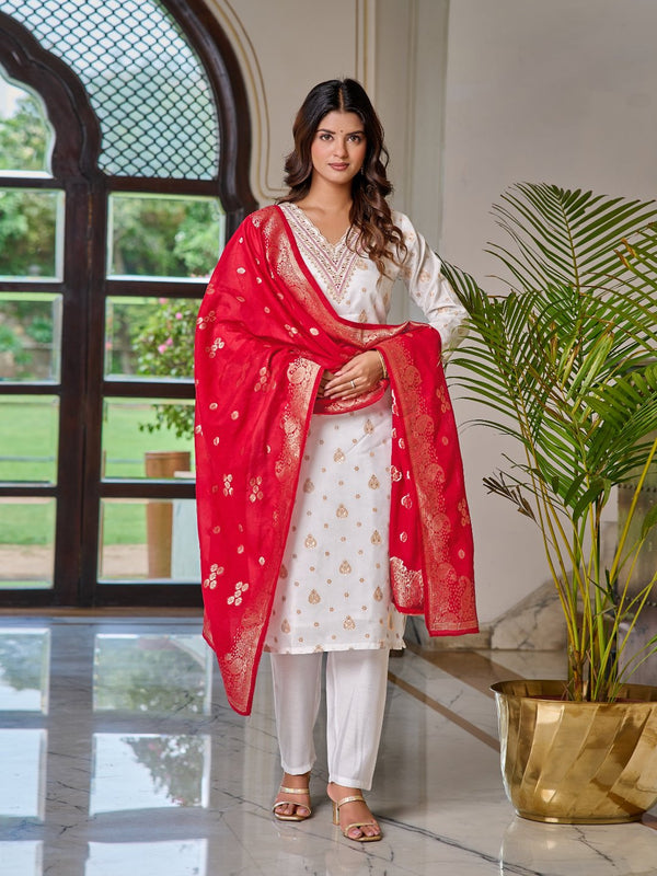 Women's White Jacquard Viscose Embroidered Straight Kurta with Gadwal Pant & Jacquard Silk Dupatta – Regal & Timeless