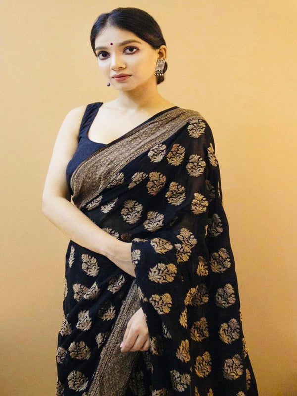 Women's soft litchi silk saree(Black)