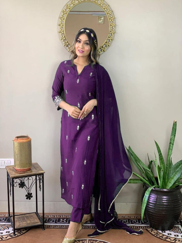 Solid Kurta, Salwar & Dupatta Set (Purple) - Classic & Comfortable