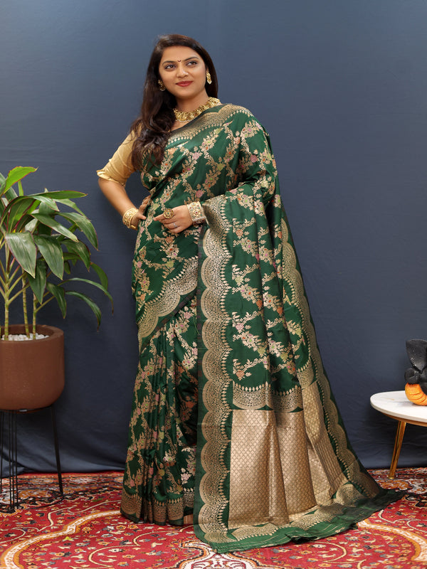 AMIRAT Women's Banarasi Soft Lichi Silk Saree - Green