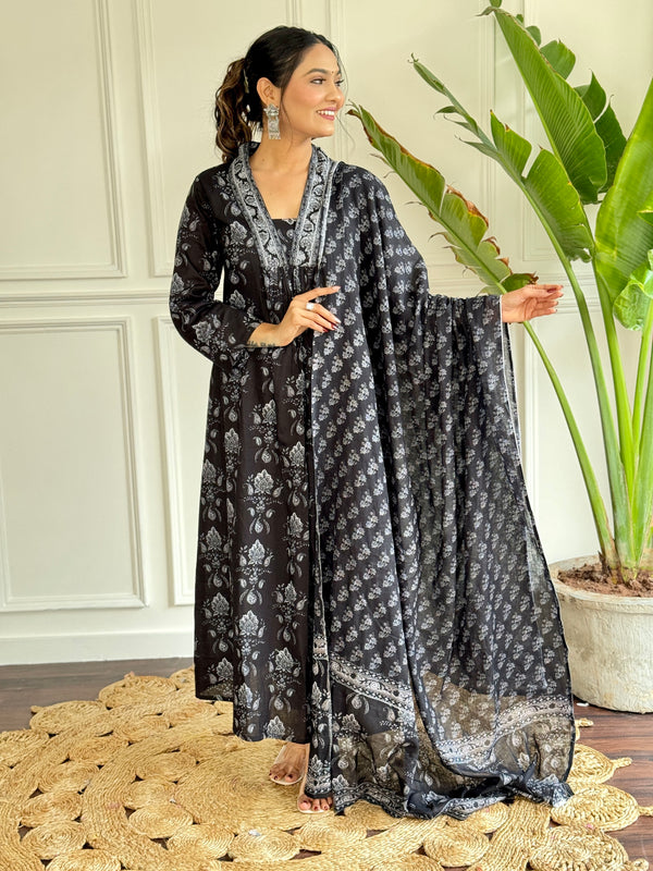 Women’s Cotton Printed Straight Kurta with Pant and Dupatta Set – Black