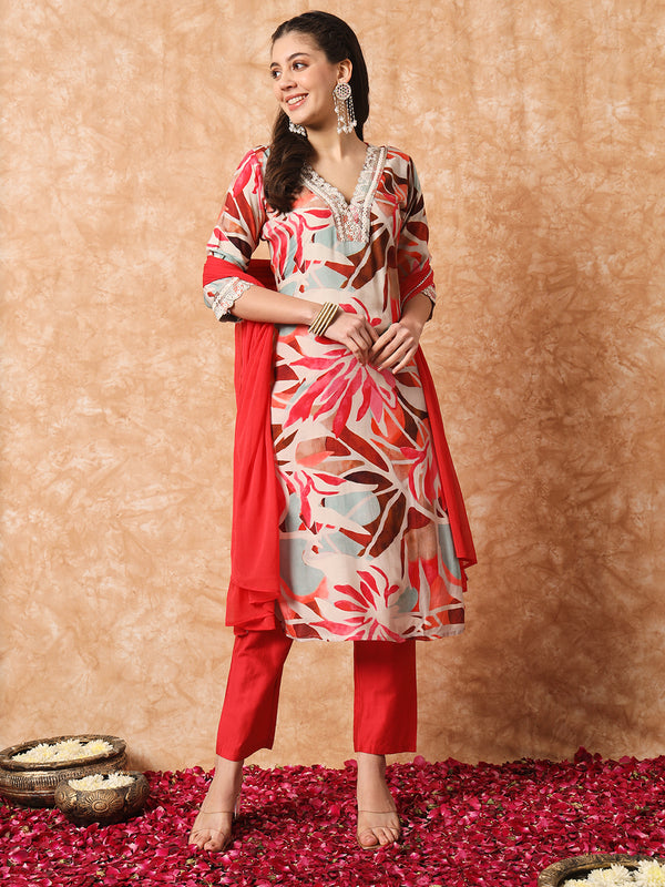 Women's Red Pure Muslin Embroidered and Printed Straight Kurta with Rayon Pant