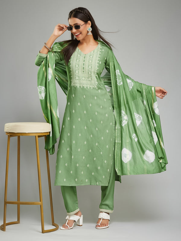 Women's Biscuit Slub Kurta Dupatta Pant Set – Stylish Ethnic Wear in Green