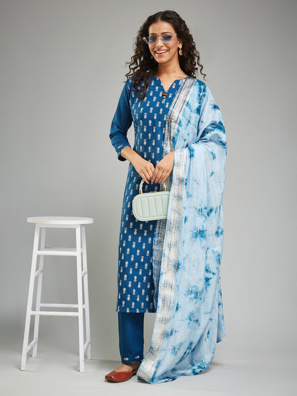 Blue Viscose Chanderi Kurti Set