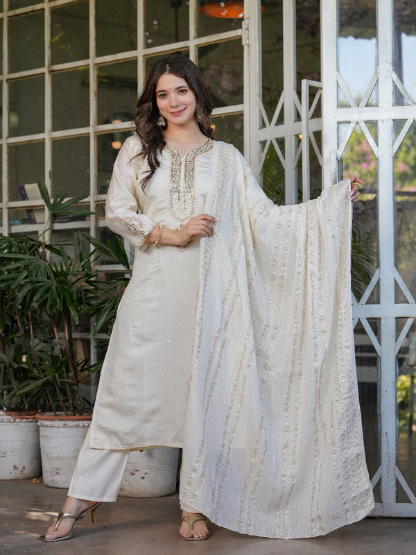 Off White Cotton Straight Kurta with Slim Pant Suit Set