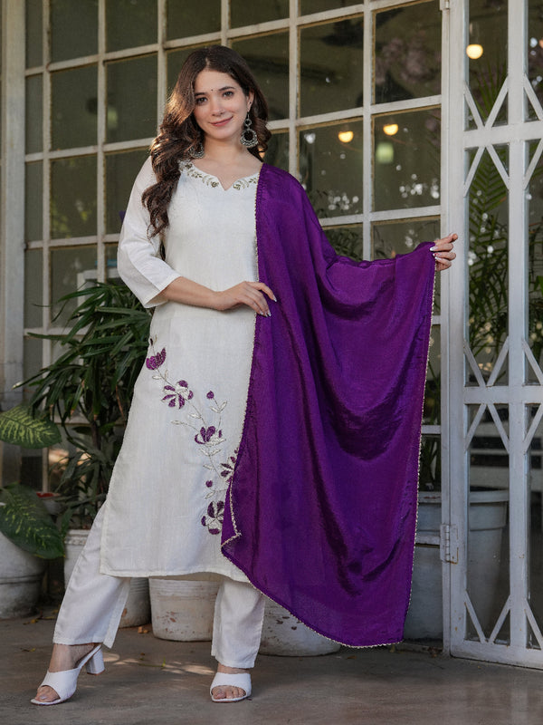 Women’s Viscose Rayon Embroidery Straight Kurta with Pant and Dupatta Set – white & Purple