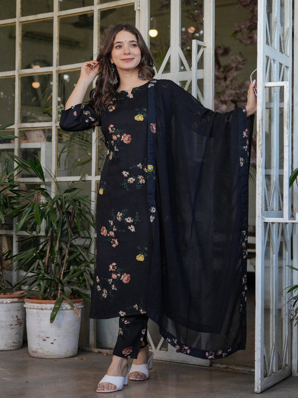 Silk Kurta-Pant-Dupatta Set – Black