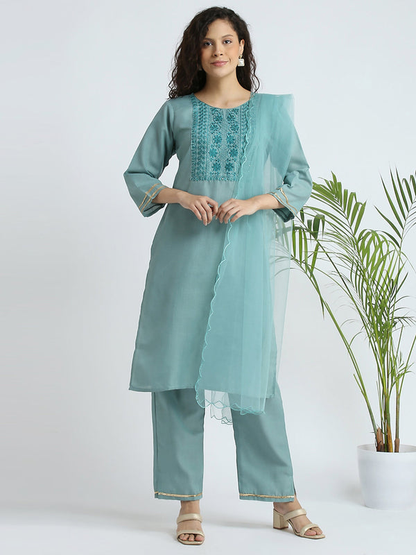 Cotton Embroidered Women's Kurta Pant Dupatta Set