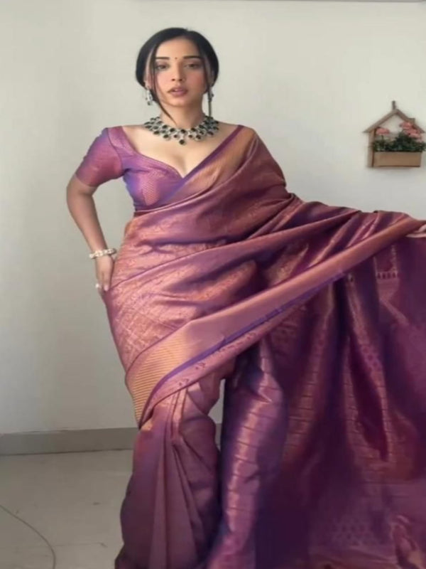 Women's Ready-to-Wear Jacquard Saree in Purple with Unstitched Blouse