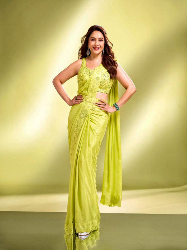 Odette Green Embroidered Saree With Unstitched Blouse