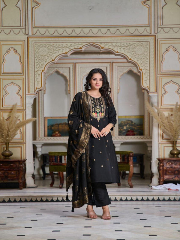 Chanderi Silk Party Wear Salwar Kameez in Black