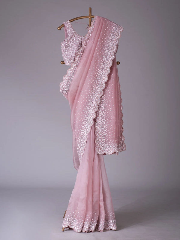 Dusty Pink Stone Embroidered Organza Saree