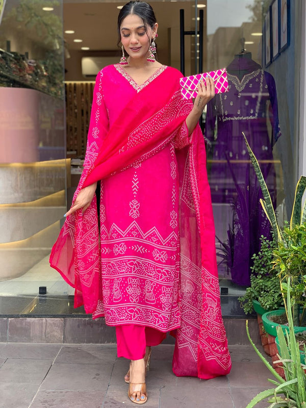 Pink Cotton Kurti with Pants and Dupatta Set