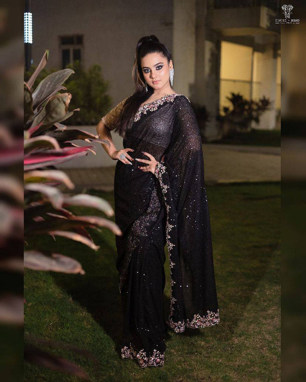 Sightly Black Georgette Cotton Thread Embroidery Saree