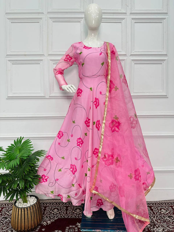 Attractive Pink Color Long Gown with Dupatta