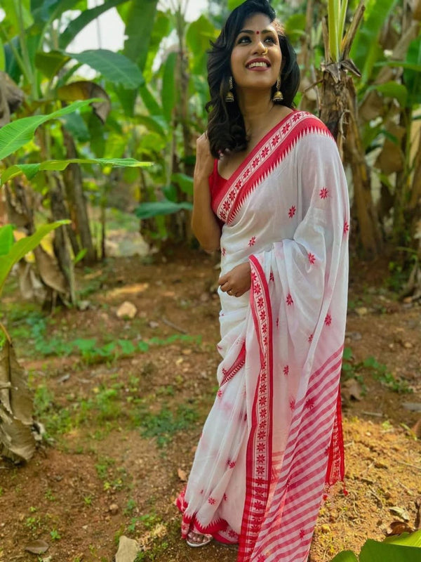 White Soft Linen Cotton Woven Saree.