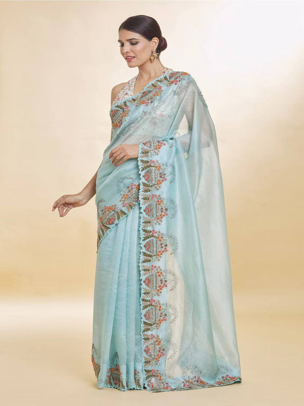 Saree for Women and Girls with Multi-Thread Embroidery, Coding & Sequins C-Pallu Work & Fancy Cutwork Border in Zimmy Chu Fabric (Sky Blue)