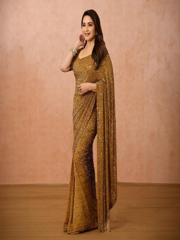 Pulp Mango Indian Bollywood Wedding Heavy Georgette Designer Saree with Sequins & Unstitched Blouse for Party Engagement