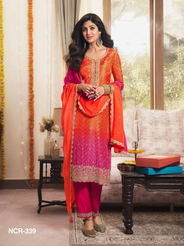 Vibrant Orange and Pink Embroidered Salwar Suit Set