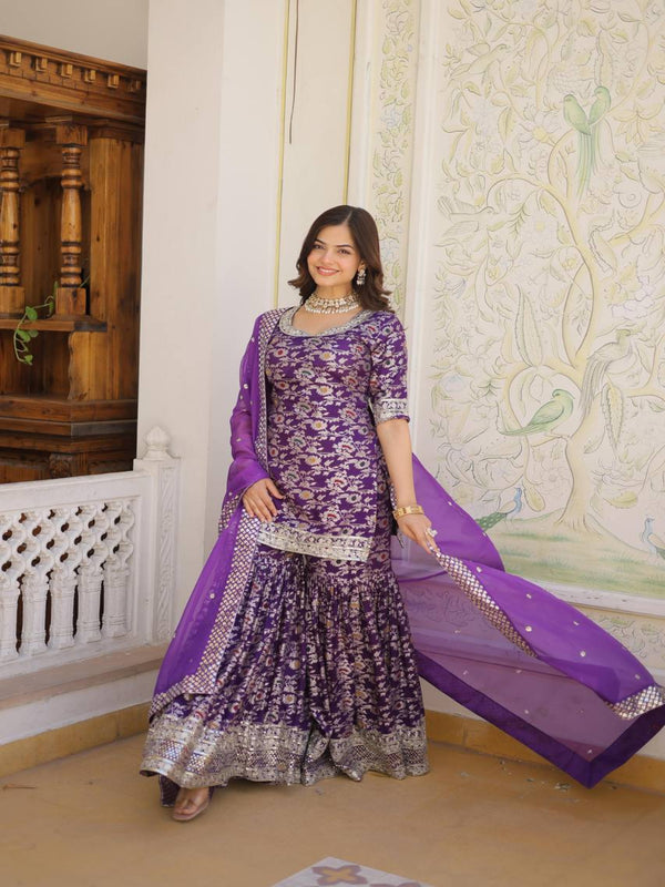 Latest Purple Gharara Suit with Embroidery Sequence Work