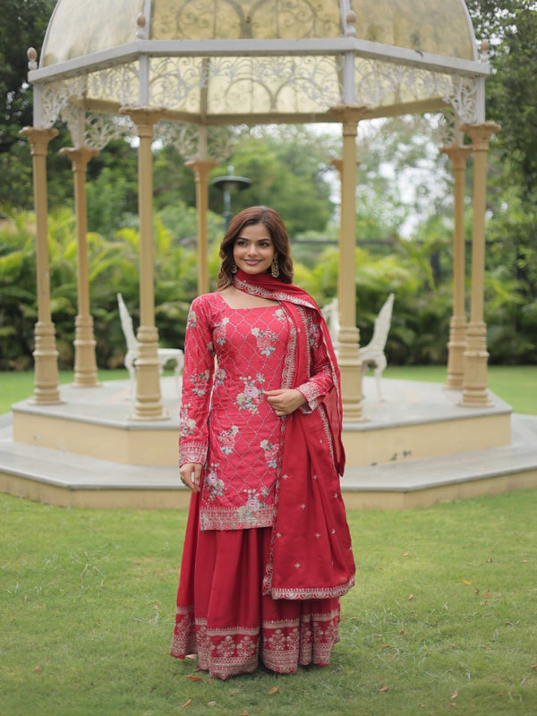 Chinon Fabric Red Color Readymade Palazzo Salwar Suit